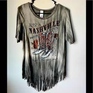 Nashville Fringed Liberty Wear T- Shirt Top. Gray Tie Dye Foil Accents Small